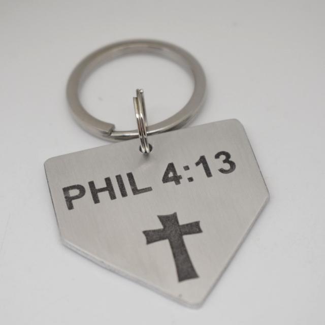 Homeplate Baseball Softball Bible Verse PHIL 4:13 Cross Etched Aluminum Keychain